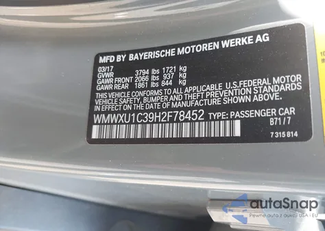 2017 Mini Hardtop Cooper z USA, uszkodzony, nr VIN WMWXU1C39H2F78452